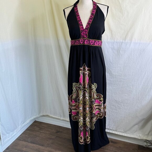 Ronni Nicole Dresses & Skirts - Ronni Nicole Oh So Slim Printed Black Halter Maxi Dress Size 10  *